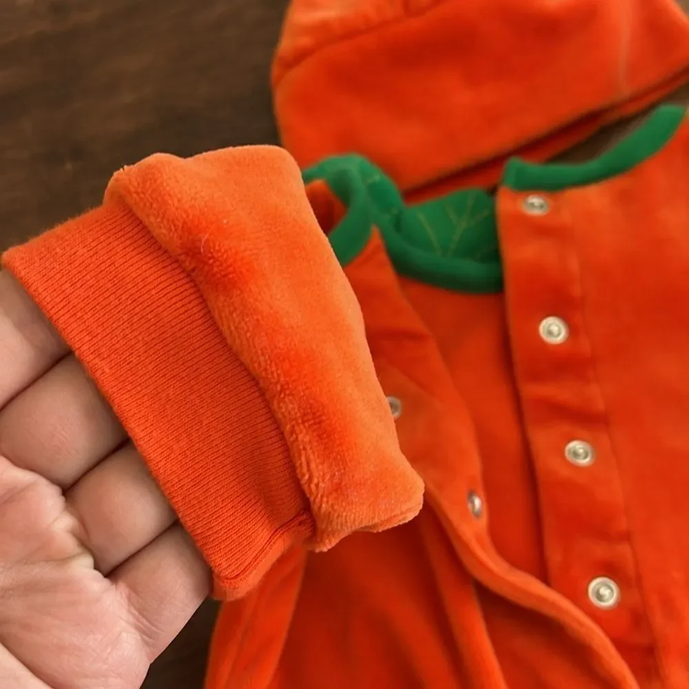Osh Kosh Baby Orange Pumpkin Soft Fleece Snap One Piece with Hat- 12 months